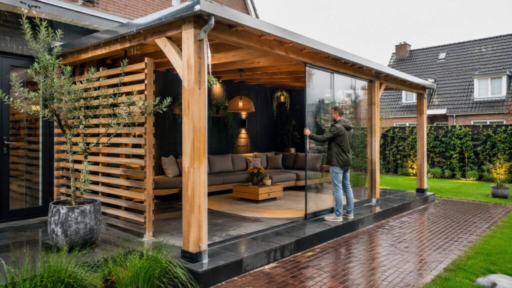 Buitenkamer met vaste overkapping, duurzame vloer en zijwand tegen wind en regen.