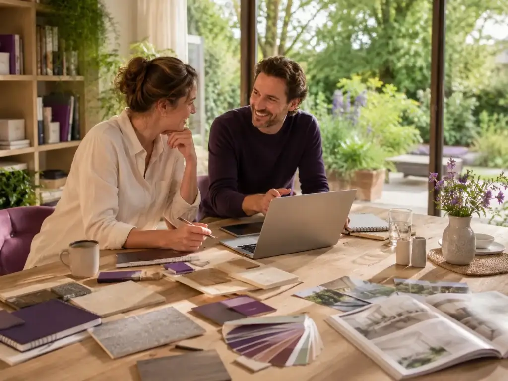 Twee woonspecialisten bespreken een bijdrage met laptop en interieurmaterialen