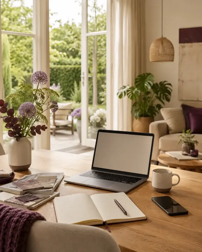 Thuiswerkplek met laptop, notitieboek en telefoon voor contact met Thuis ID