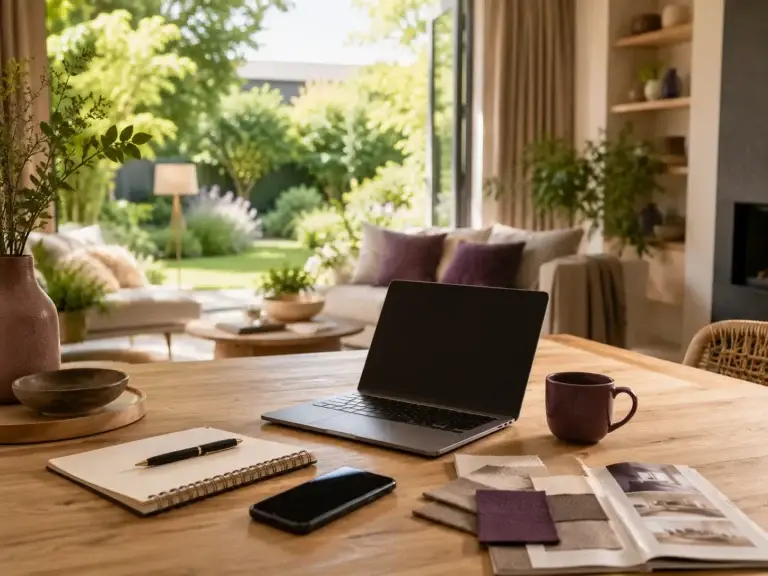 Werkplek met laptop en notitieboek voor vragen over wonen en wooninspiratie