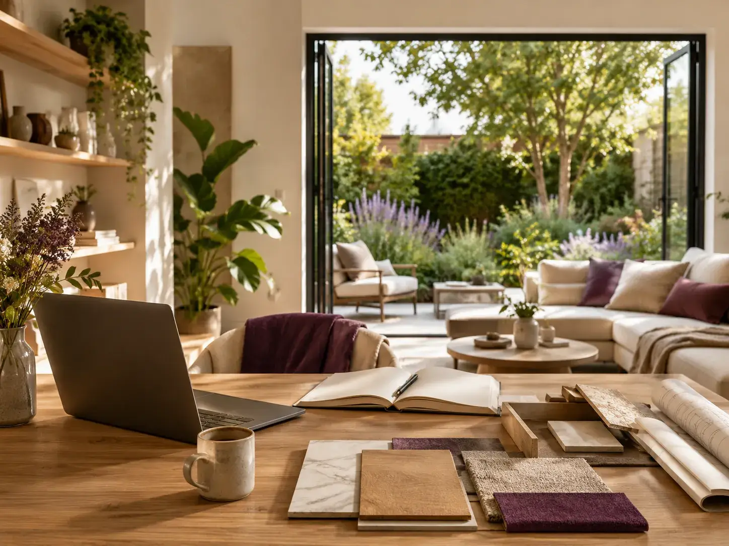 Lichte werkplek met laptop, notitieboek en woonmaterialen naast een groene tuin