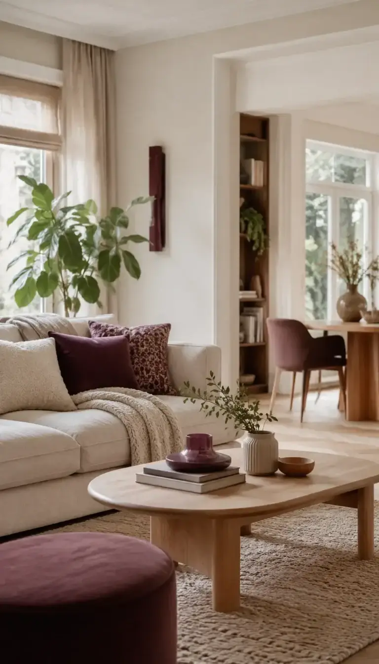 Sfeervolle woonkamer met natuurlijke materialen en warme paarse accenten
