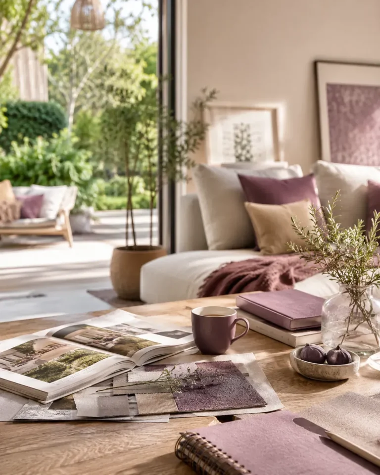 Sfeervolle wooninspiratie met interieurmaterialen en uitzicht op een groene tuin