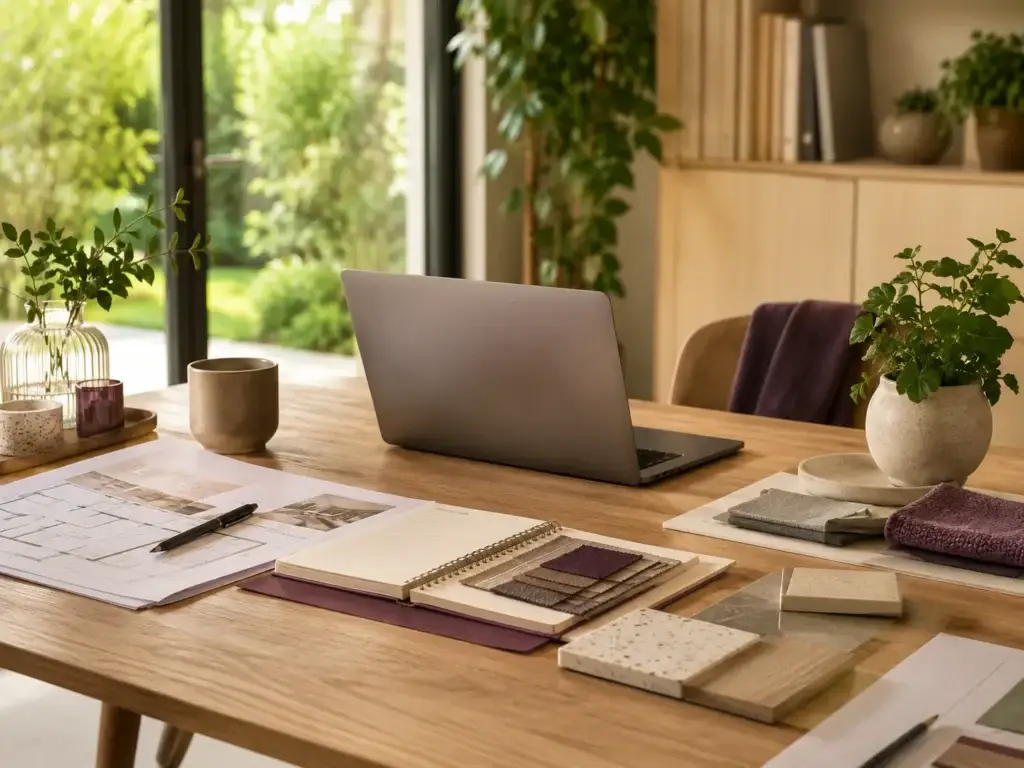 Werktafel met laptop, woonplannen en materiaalstalen voor een inhoudelijke bijdrage