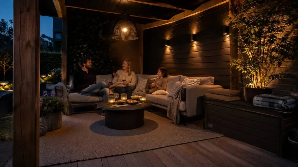 Overdekte loungehoek met comfortabele meubels, buitenkleed en warme verlichting in de avond.