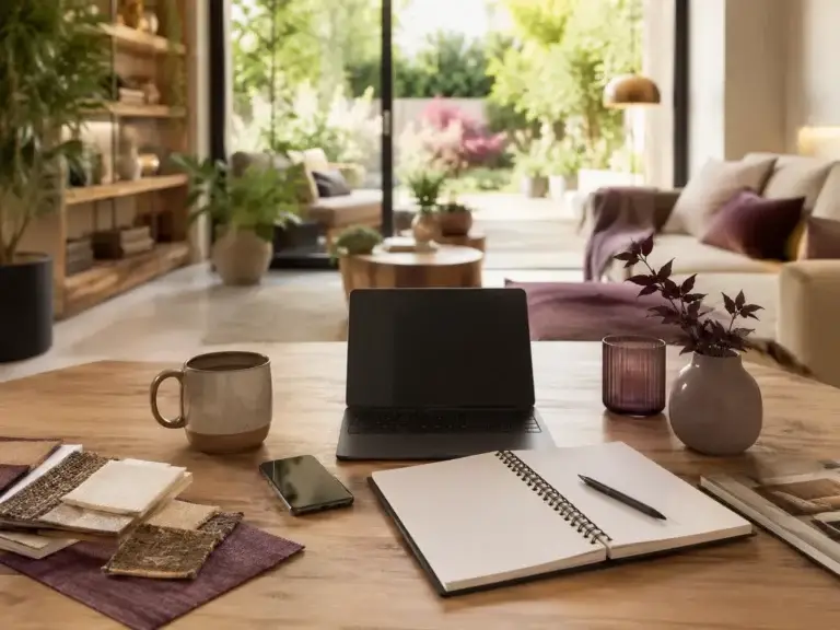 Werktafel met laptop, notitieboek en interieurstalen voor het delen van woonideeën