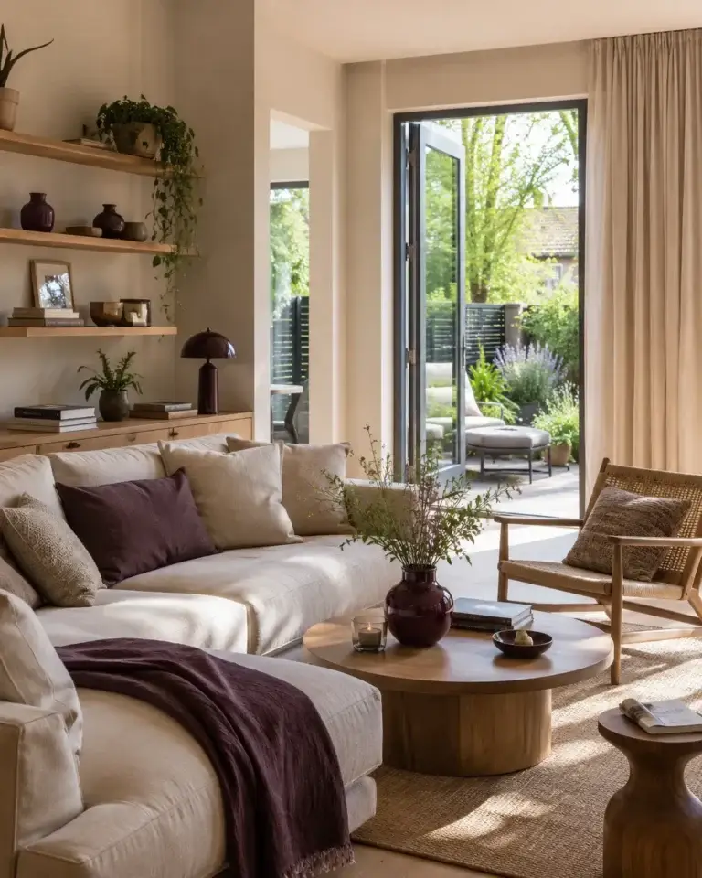 Sfeervolle woonkamer met warme accenten en uitzicht op een groene tuin