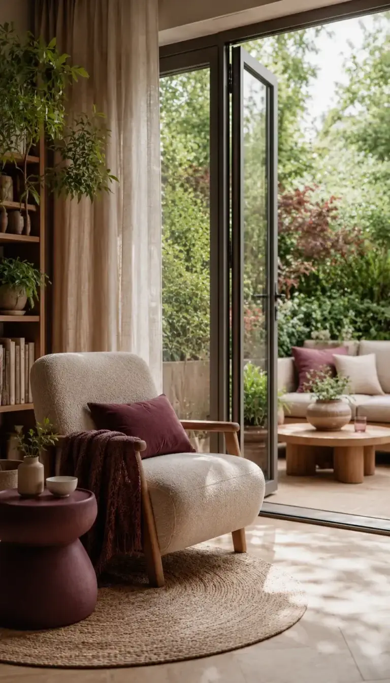 Comfortabele zithoek met open deuren naar een groene tuin