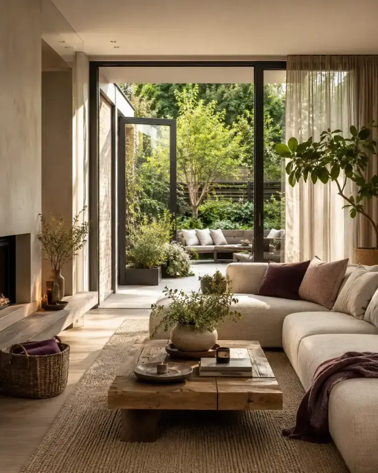 Sfeervolle moderne woonkamer met open verbinding naar een groene tuin